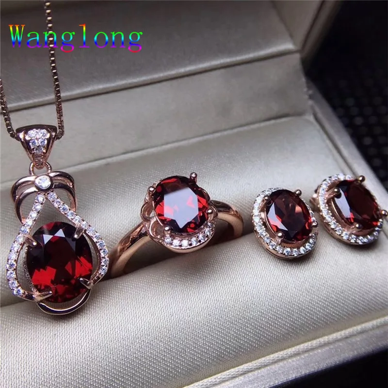 Wanglong 925 пробы серебро натуральный гранат из трех частей набор украшений для женщин цветные ювелирные изделия