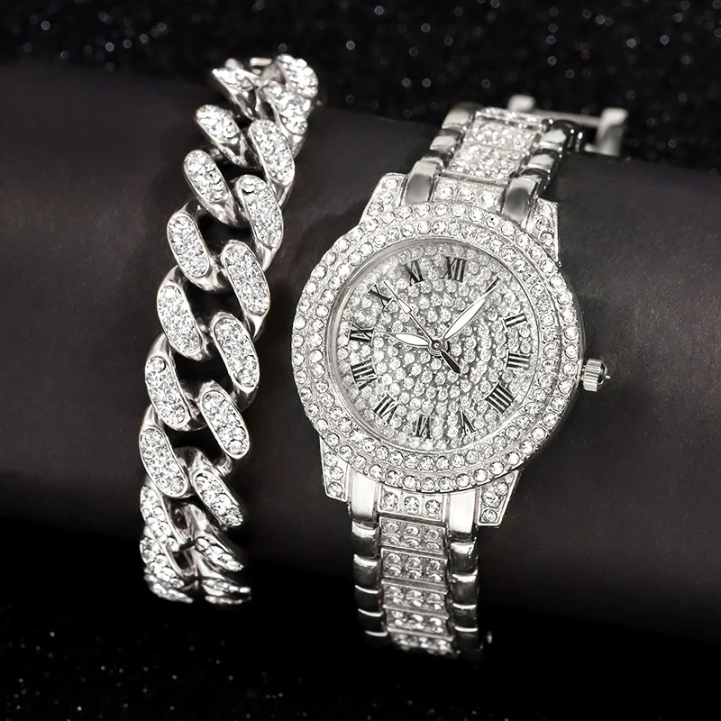 Iced Out Rose Gold Silver Color Watch Women's Luxury Rhinestone Cuban Chain Bracelet Watches Fashion Wrist Watch Hip Hop Jewelry 