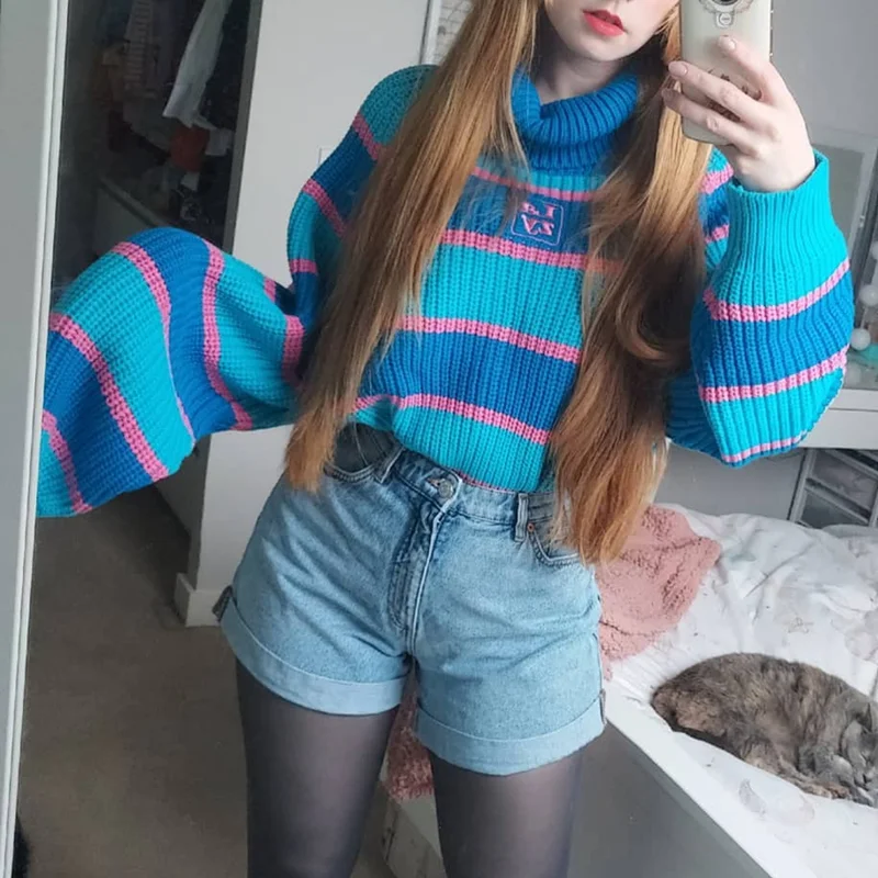 

Harjuku Pink & Blue Striped Turtleneck Sweater with Embroidery Lazy Oversized Jumper Knit Top For Women /