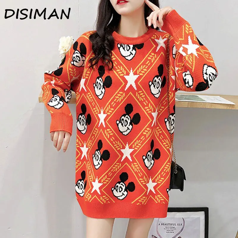 DISIMAN autumn winter cartoon plus size harajuku long sleeve knit sweater women high quality loose cute sweater pullover women