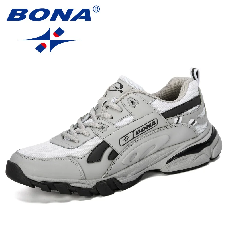 BONA новые дизайнерские мужские кроссовки Мужская Спортивная обувь Атлетическая для активного отдыха красная теннисная обувь мужская беговая Обувь - Цвет: White light gray