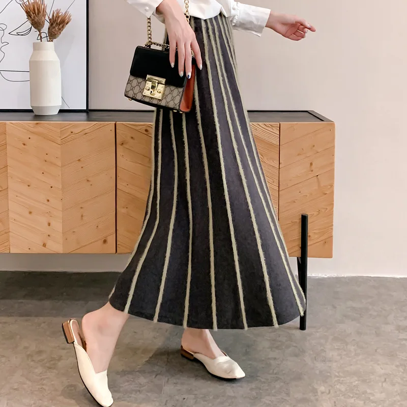 Women Skirts Thick Warm Autumn Winter Skirts Elastic High Waist Sun Skirts Stripped A-line Skirt Faux Mink Fur Knit Midi Skirts