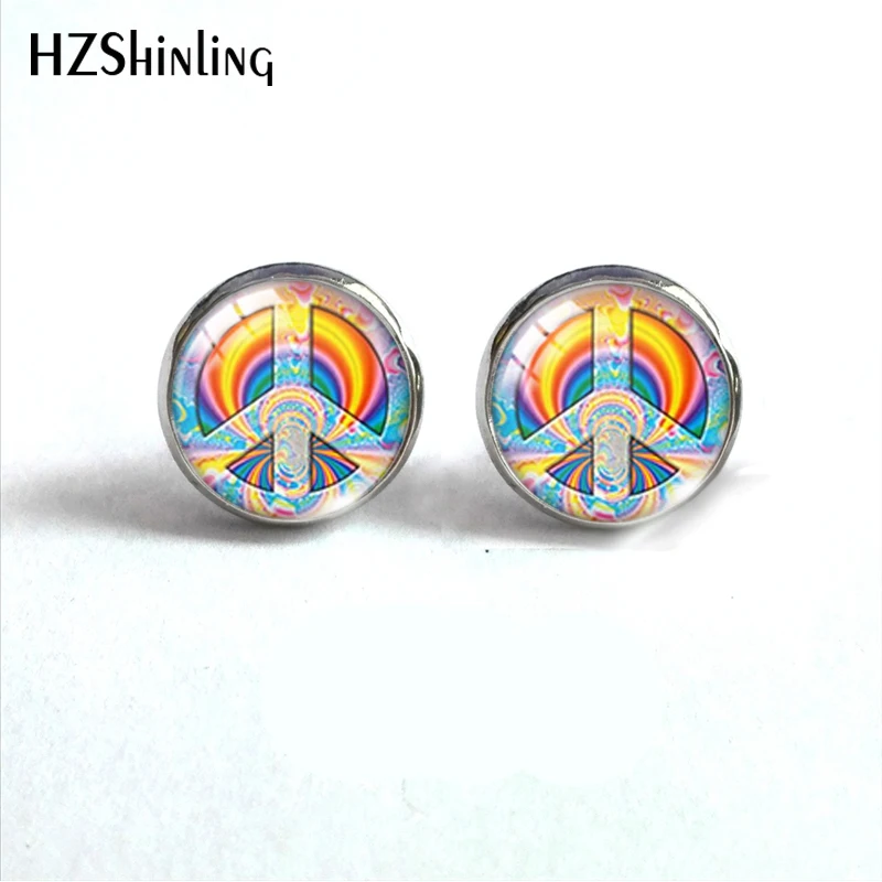 Moda 2019 Vendita Calda Hippie Pace Segno Pace Gioielli Orecchini Hippie Vetro Cabochon Arte Orecchini In Acciaio Inossidabile Per Le Donne