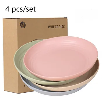 

4 Pcs/set Wheat Straw Plates Dessert Dinner Plates Dishwasher Microwaveable Fruit Snacks Food Plates Kitchen Tray Tableware Set