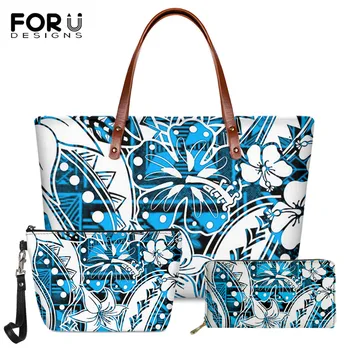 

FORUDESIGNS 3set/pcs Hawaiian Midnight Blue Tribal Pattern Fashion Women Large Capacity Shoulder Bag Luxury Ladies Long PU Purse
