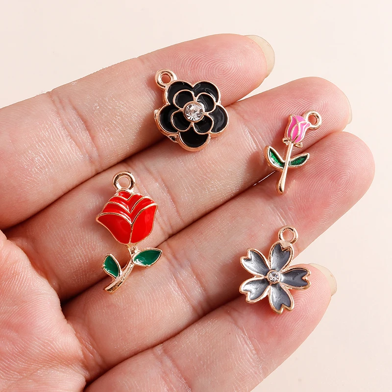 Set of 10 Enamel Flower Charms – Rose & Sakura Pendants