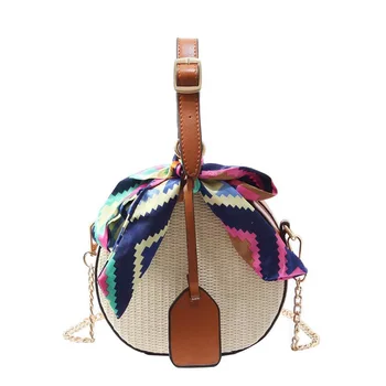 

Women's straw bag Crossbody bag Woven bag Summer leisure bag Small round single, Marron