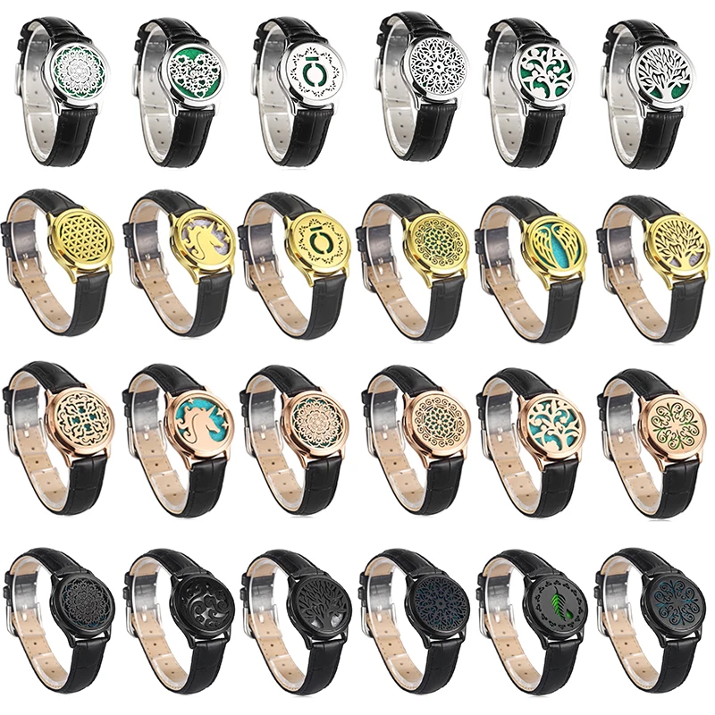 Black Genuine Leather Man Woman 30mm Aroma Locket Bracelet Stainless Steel Bangle Essential Oils Aromatherapy Locket Bracelet