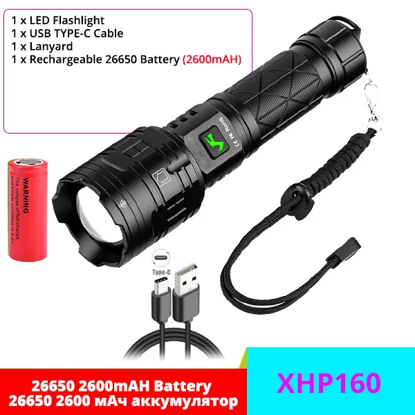 XHP160 LED Taschenlampe Helligkeit Polize 50W Leistungsstarke Camping Spot Light 