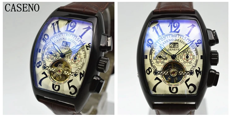 Автоматические механические мужские часы, модные кожаные Наручные часы со скелетом, мужские роскошные часы от топ бренда Tourbillon, Классические мужские часы CASENO
