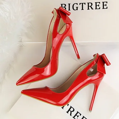 

3168-8 Korean-style-Slimming High Heel Shoes Thin Heeled High-Heel Shallow Mouth Pointed Patent Leather Hollow out after Bow Sho