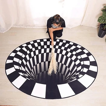 

3D Stereo Vision Vortex Illusion Rug Swirl Round Carpets for Living Room Areas Rug Non-slip Floor Mats White Black Plaid Doormat