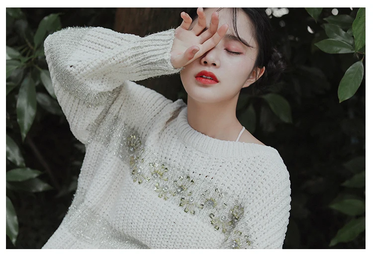 Fall2019Women осень Повседневное Ультра свободные Modis ленивый Стиль больших размеров с блестящим серебряным корпусом, ручная работа, пуловер, украшенный бисером Короткие трикотажные свитера