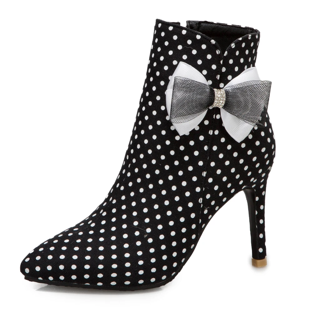 

Oversize Cloth Polka Dot Pattern Bow Stiletto Ankle Boots Red Pointed High Heels Polka Dot White Simple And Cute Short Boots