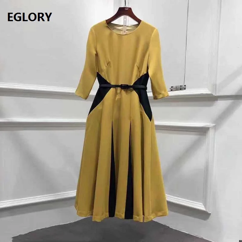 Элегантное платье для работы, осенний стиль, женское платье с круглым вырезом, геометрическим принтом, пэчворк, 3/4 рукав, длина до середины икры, белое, черное, желтое платье - Цвет: yellow