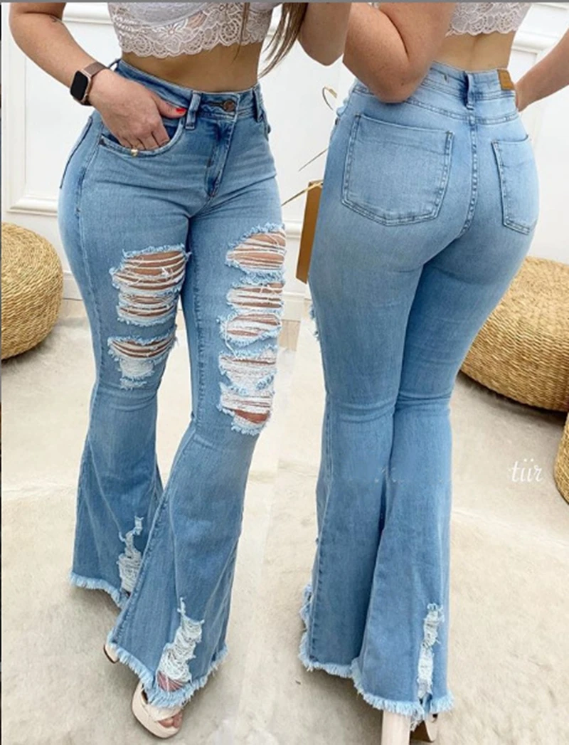 Pantalones vaqueros acampanados rasgados para mujer, vaqueros de pierna  ancha, Vintage, con fondo de campana, de cintura alta, calca|Pantalones  vaqueros| - AliExpress