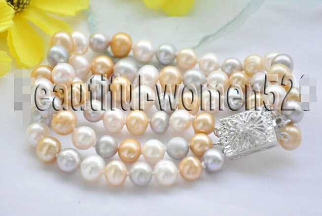 DYY 914+++ 3Strds 9 мм серый Шампань белый круглый Пресноводный Культивированный жемчуг браслет 8