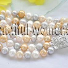 DYY 914+++ 3Strds 9 мм серый Шампань белый круглый Пресноводный Культивированный жемчуг браслет 8