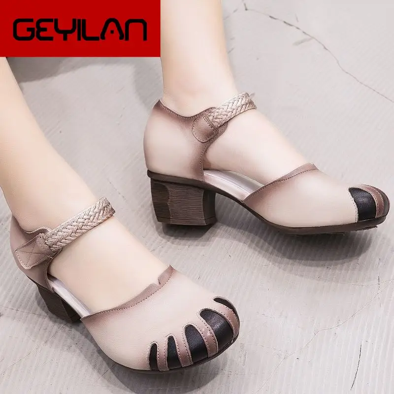 

Summer Women's Sandals 2020 New Ethnic Retro Genuine Leather Comfortable Thick High Heel Sandals Women Shoes