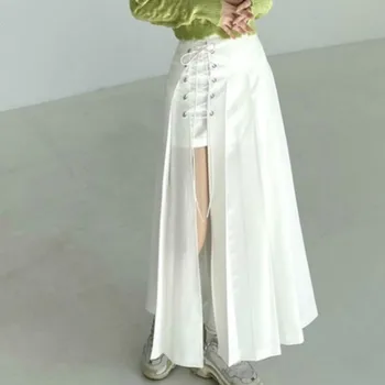 

Split Drawstring Lace Up A Line Skirt Solid Color High Waist Skirts Women Korean Casual Fashion Streetwear Faldas