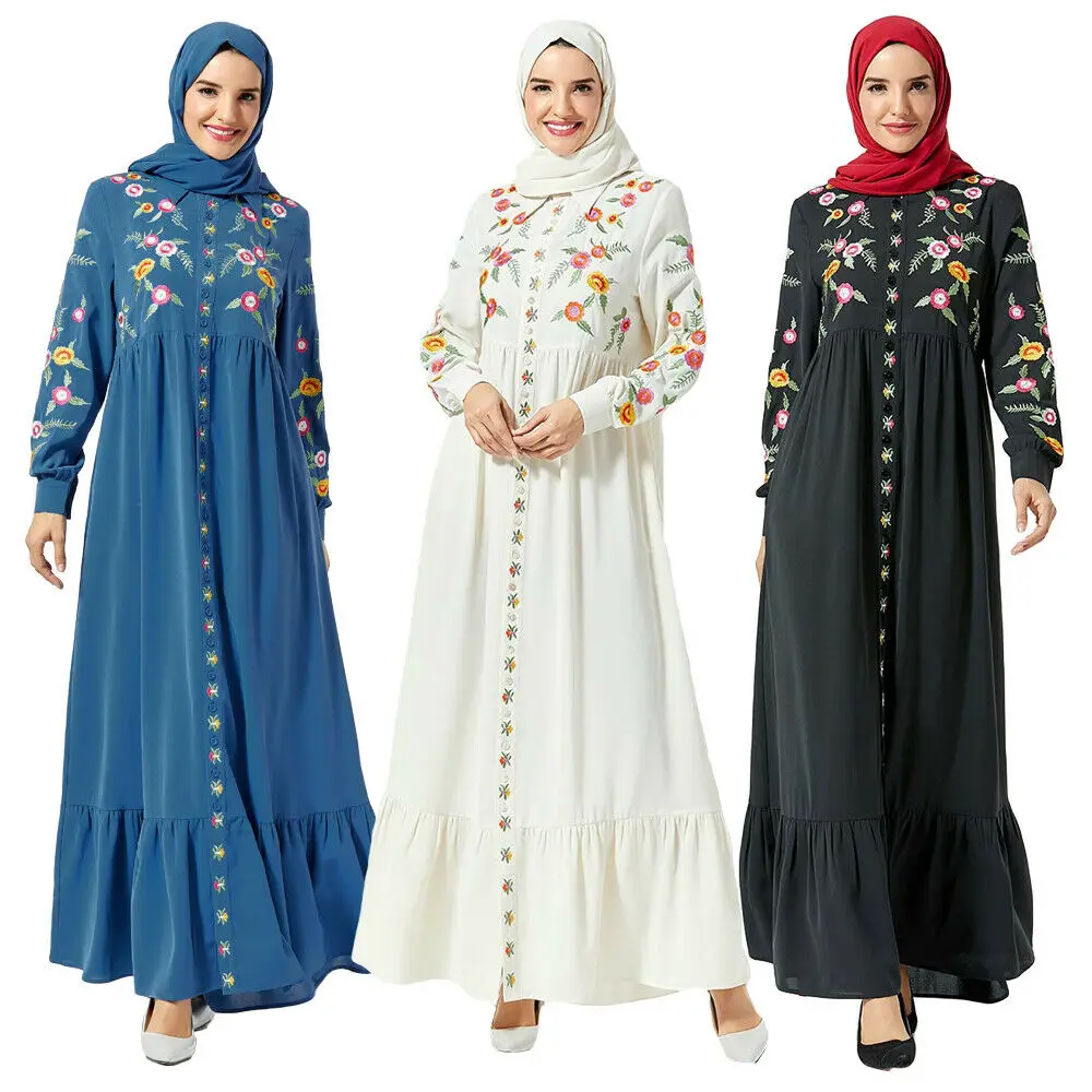 

Dubai Muslim Women Maxi Dress Robe Abaya Embroidery Button Front Long Sleeve Jilbab Gown Arab Clothing Islamic Kaftan Vintage