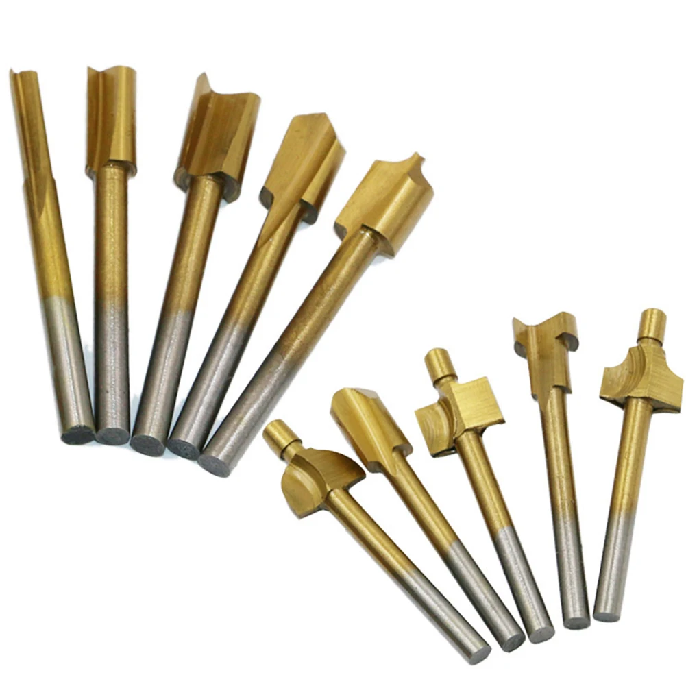 

10pcs Rotary Set Trimming Carpenter Tool Woodworking Titanium Coated Router Bits HSS Files Shank Cutter Milling Used For Dremel