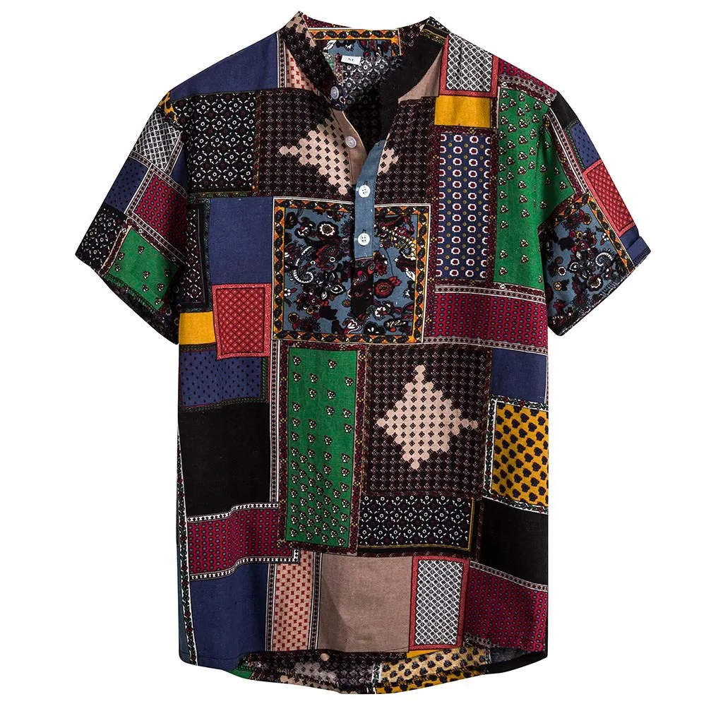 KLV, Мужская одежда, винтажная, с этническим принтом, отложной воротник, короткий, с принтом, модная, стойка, короткий рукав, свободные рубашки, блузка 9816
