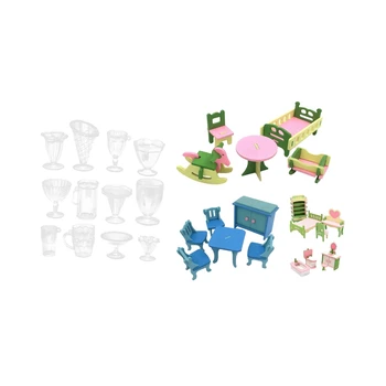 

4 Set Lots Wooden Dolls House Miniature Accessory Home Furniture Children Toys Gifts & 12 Pcs Doll House Miniature Kitchenware T