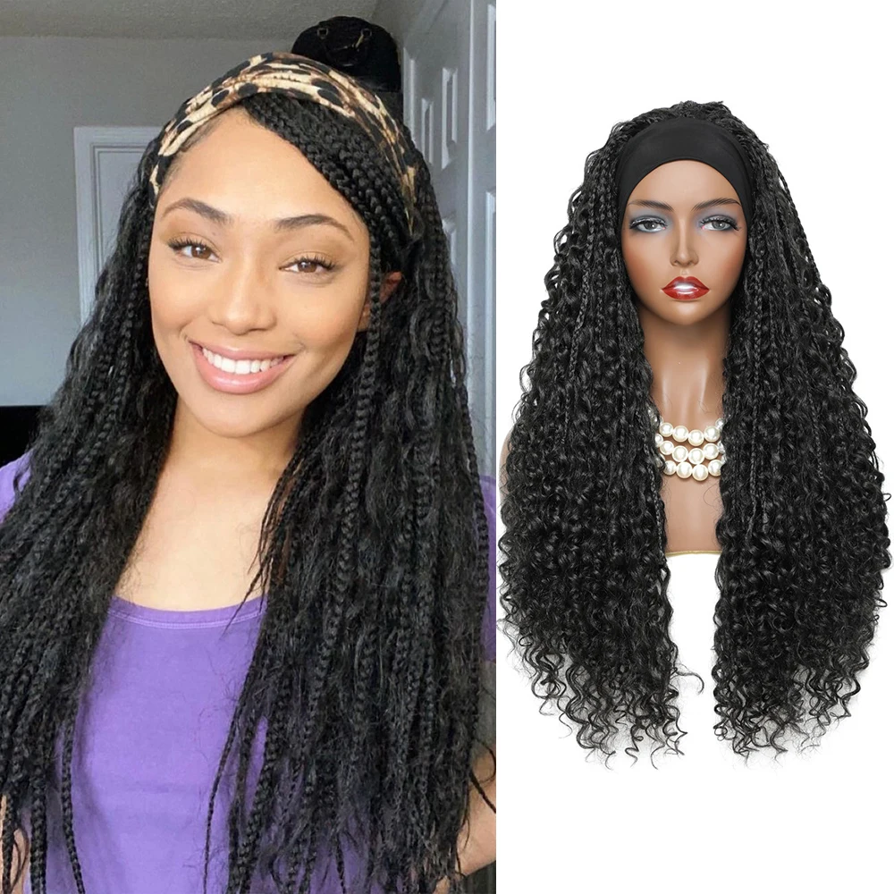

Soku Headband Wigs With Bohemian Box Braid Hair Goddess River Locs 26 inch Curly Crochet Hair Black Color Synthetic Braided Wig