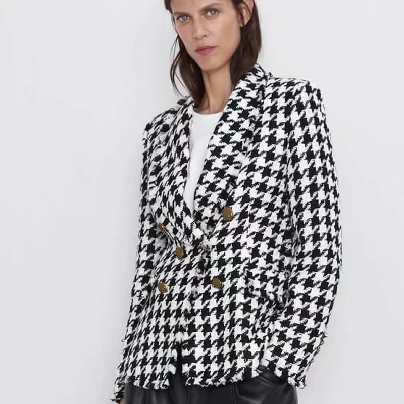 2019 Autumn Winter ZA Coat Women England Vintage Houndstooth Soft Tweed Sashes Oversize Drop-Shoulder Double-breasted Jacket 2019 Autumn Winter ZA Coat Women England Vintage Houndstooth Soft Tweed Sashes Oversize Drop-Shoulder Double-breasted Jacket