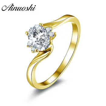 

AONUOSHI Classic Oval Solitaire Ring Real 14K Solid White/Yellow Gold Twisted Band Simulated Diamond Anillo Bridal Wedding Ring