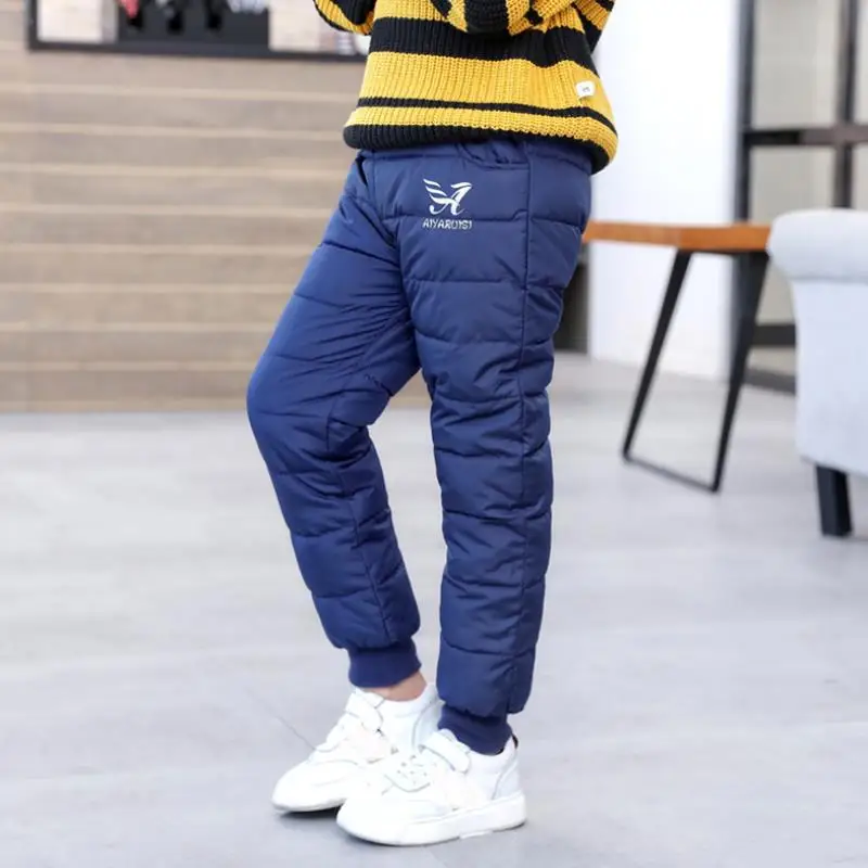 Boys Girls Kids Pants Down Wadded Trousers Stripe Pattern Warm Windproof Waterproof Winter Long Thickness 1-12T