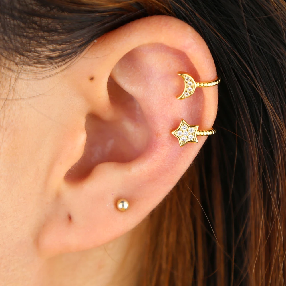 

2019 CUTE lovely tiny cz moon star 1 pc cuff earring gold filled white rainbow cz no hole no pierced clip earring jewelry