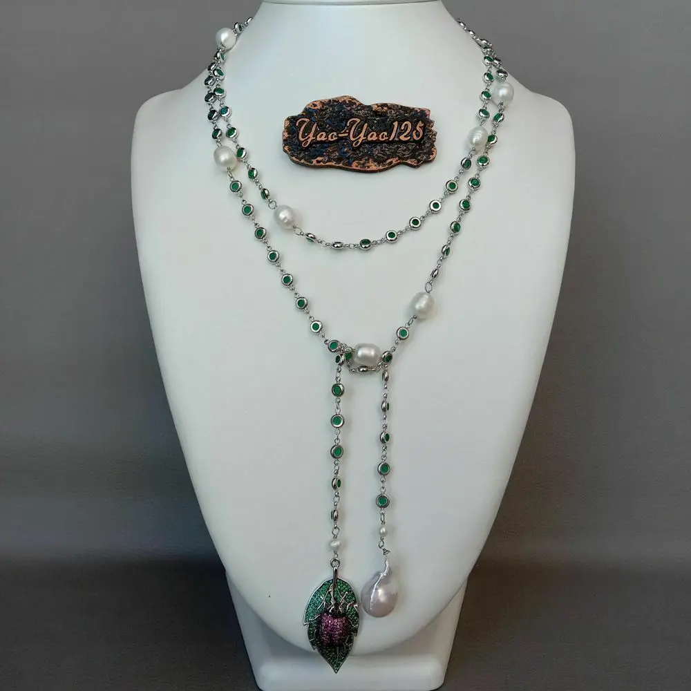 

52'' Freshwater White Keshi Pearl Cz Pave Insect Chain Necklace