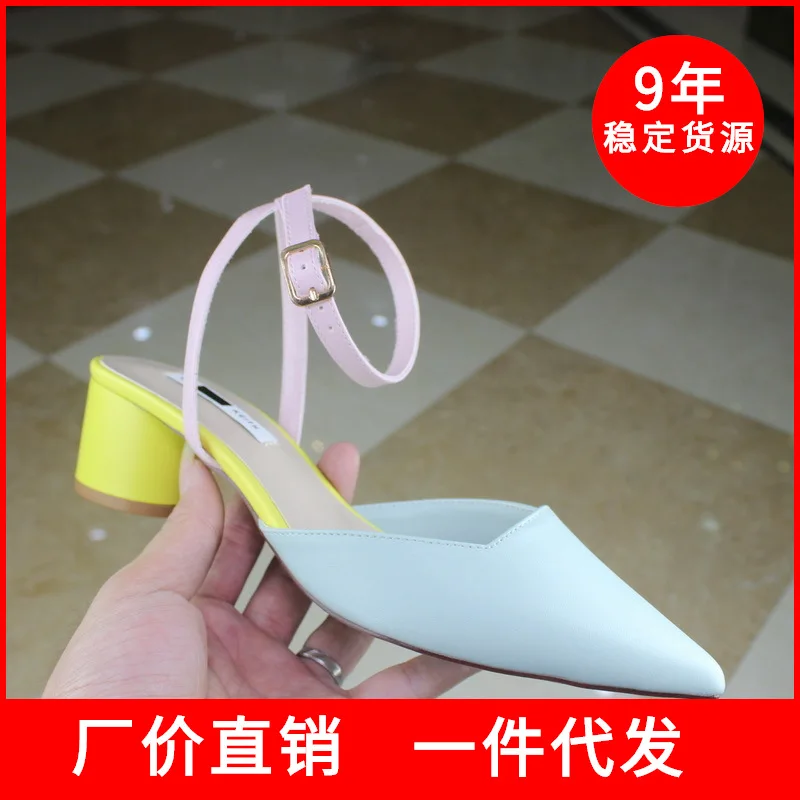 

19 Summer New Products Sandals Small Ck1-60900090 Mixed Colors Simple-Style Chunky-Heel A- line Buckled Pointed High Heel Shoes
