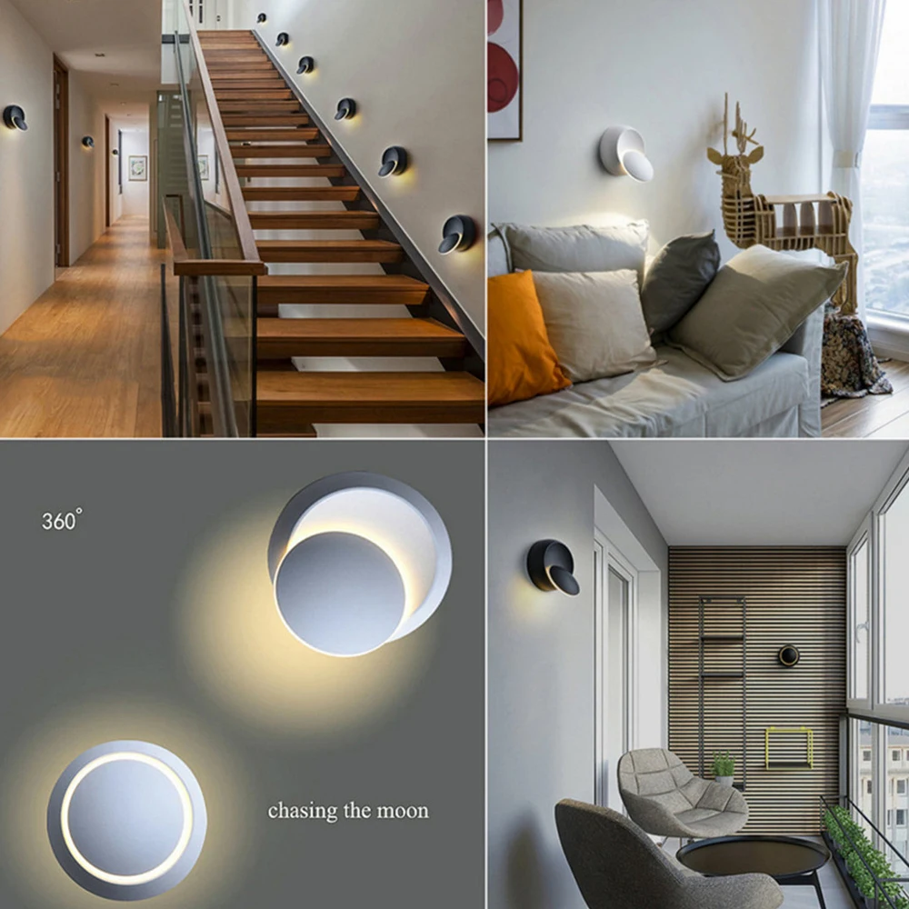 LED Wall Lamp 360 Degree Rotation Adjustable Bedside Lights White Black Creative Wall Lamp Modern Aisle Round Lamp Decora Lights 2