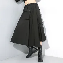 LANMREM, зимняя новинка, черная юбка с карманами, большие размеры, необычная, модная, свободная, темпераментная, приталенная, женская юбка, PC069