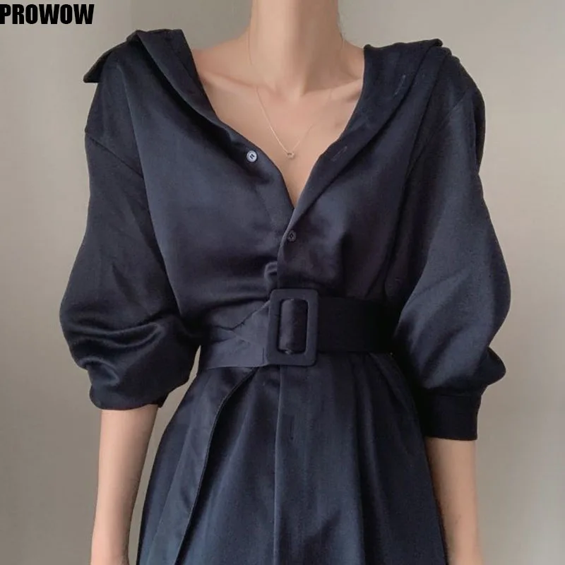 2020 Spring Office Elegance Women Long Sleeve Midi Dresses Korean Single Breasted Vestidos Belt Slim Waist Dress Female