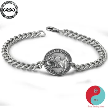 

Retro Men lucky Real Pure S95 sterling silver queen elizabeth ii coins bracelet men's Fine Jewelry