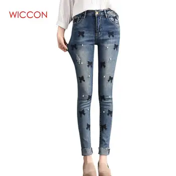 

WICCON New Fashion Vintage Denim Pencil Pants Women 2018 Spring Summer Hot Casual Preppy Style Embroidered Flares Ripped Jeans