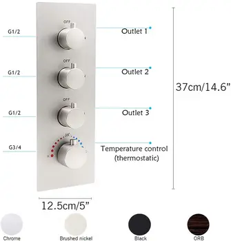 

Luxury Brass 3-Outlet Shower Water Mixer Diverter Thermostatic Valve Brushed Nickel with 4 Handles