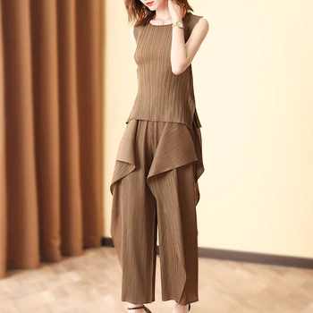 

Two Piece Set Plus Size For Women Weight 45-75kg 2020 Summer O Neck Sleeveless T-shirt + Elastic Waist Ankle-Length Pant Set