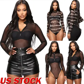 

New Women's Perspective Jumpsuit Long Sleeve Sexy Striped Mesh See-through Bodysuits
