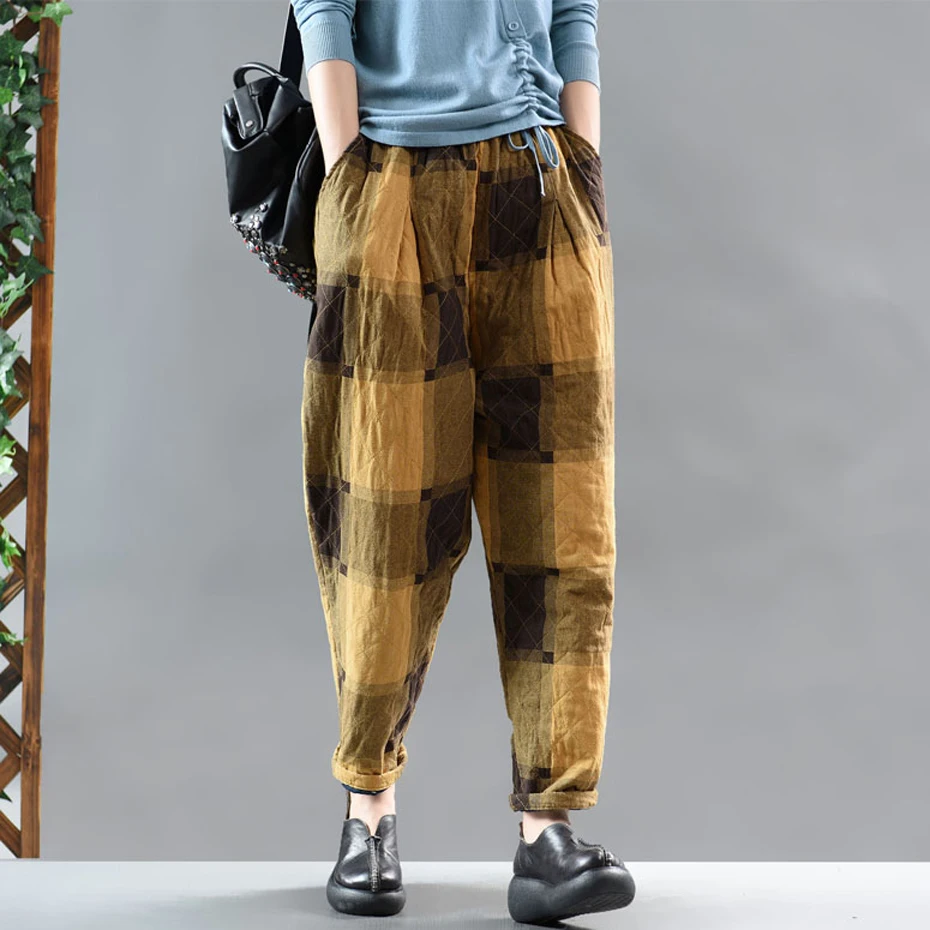Женские штаны с хлопковой подкладкой, плотные штаны для осени и зимы, большие длинные свободные клетчатые Ретро Винтажные модные повседневные штаны AZ66182521