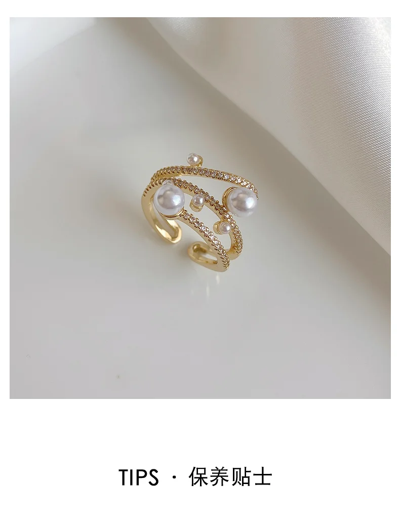 Luxuriöser und exquisiter dreilagiger Perlen-Goldfarben-verstellbarer Ring für Damenschmuck, koreanische Mode, Mädchen, ungewöhnliche Accessoires – Detail 8