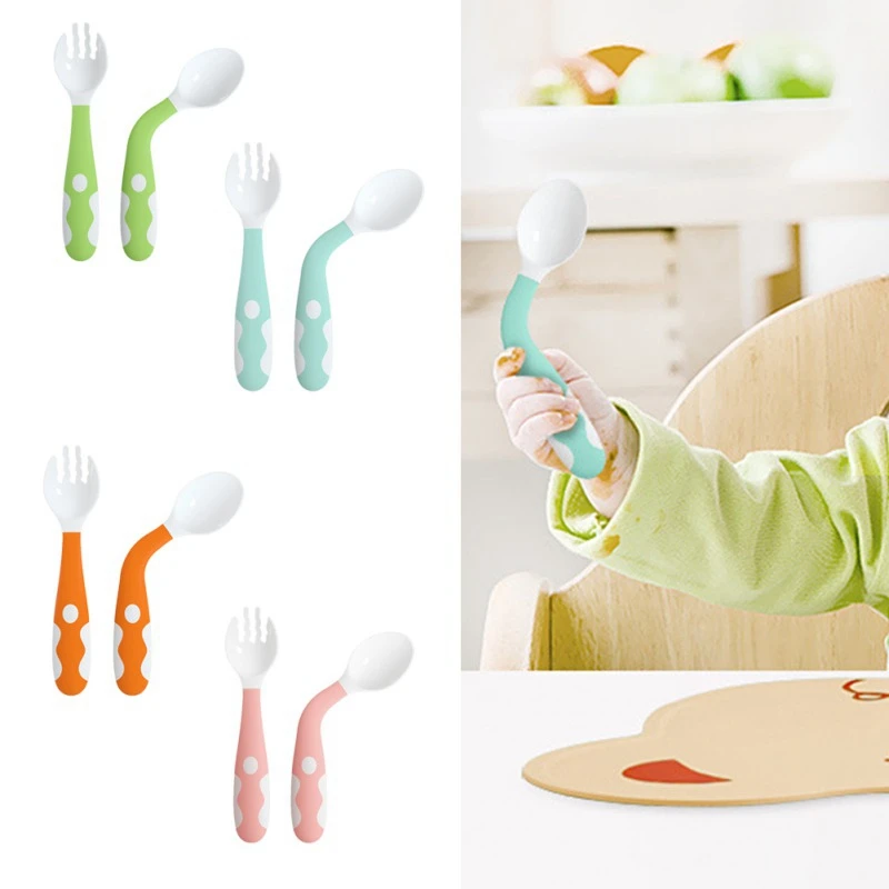 

Baby Utensils Feeding Spoon Fork Set Travel Safe Case Toddler Babies Heat-Resistant Easy Grip Children Feeding Training Spoon