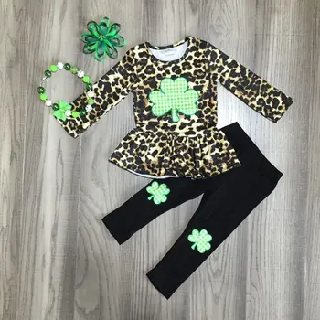 

baby girls St Patrick clothes girls leopard outfits green clover top with trouser girls outfit with accessories