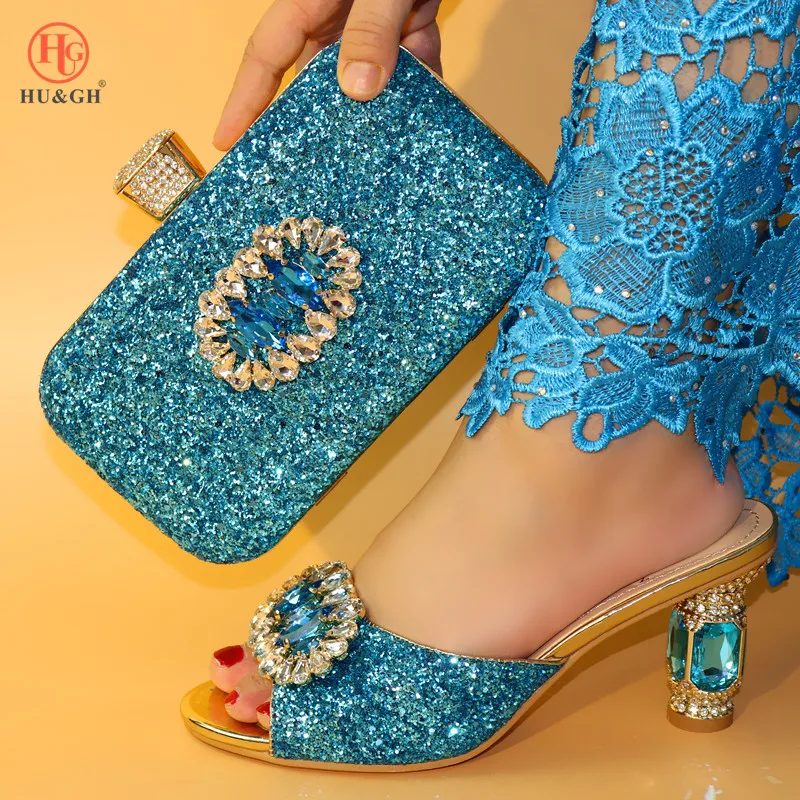 

Latest Sky Blue shoe and bag set for party Wedding Italian shoe with matching bag African Slipper shoe and bag set with Crystals