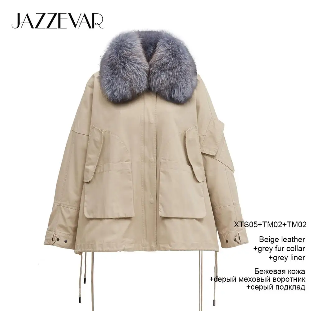 JAZZEVAR Зимнее новое поступление зимнее пальто для женщин с меховым воротником свободная одежда верхняя одежда высокое качество зимняя одежда для женщин K9033 - Цвет: Beige coat grey fur