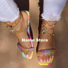 Sandálias de verão com strass, moda feminina, dedo aberto, sapatos baixos, lazer, praia, sandálias plus size 43